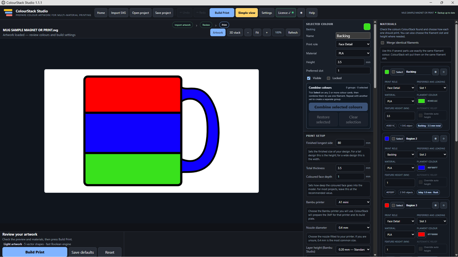 ColourStack Studio showing imported SVG artwork and material controls